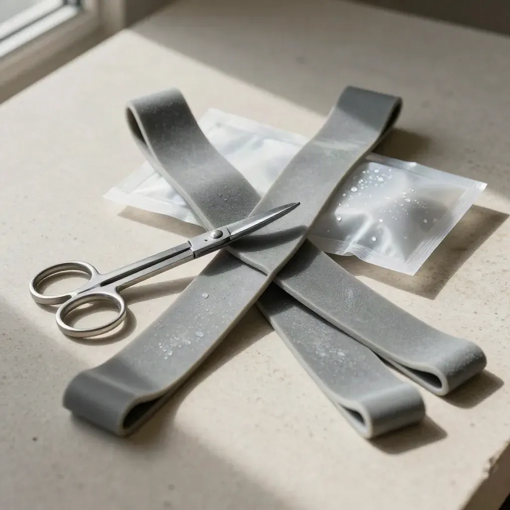Grey resistance bands, cold pack and therapy scissors on pale stone in dramatic low light.
