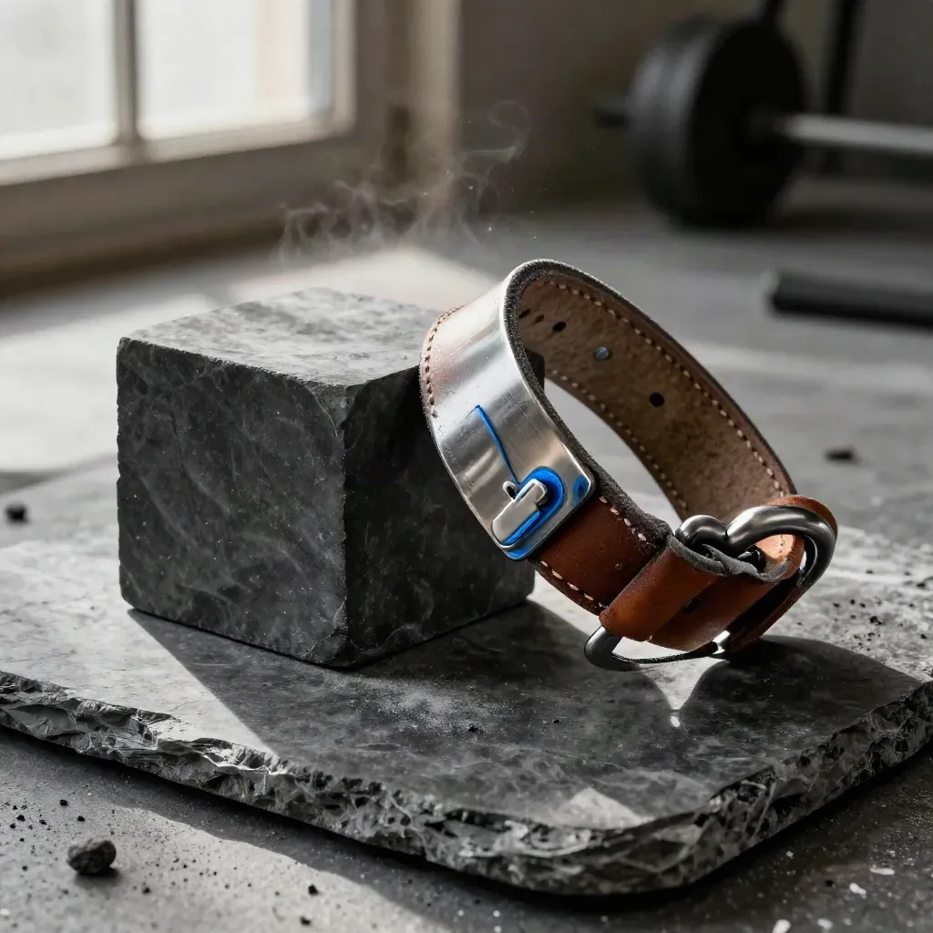 Chalk cube, steel collar and leather buckle on dark stone with blue accent and chalk haze.