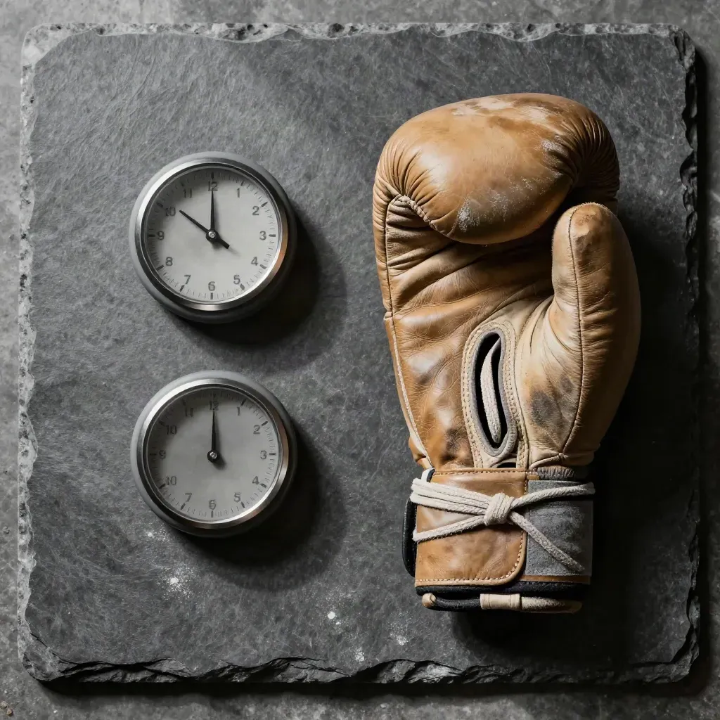 Boxing wrap knot, worn glove and round timer on graphite stone with chalk dust