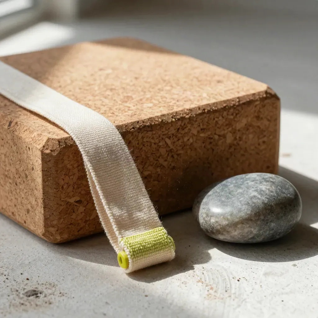 Cork yoga block, folded cotton strap and pebble weight on plaster in dramatic close-up