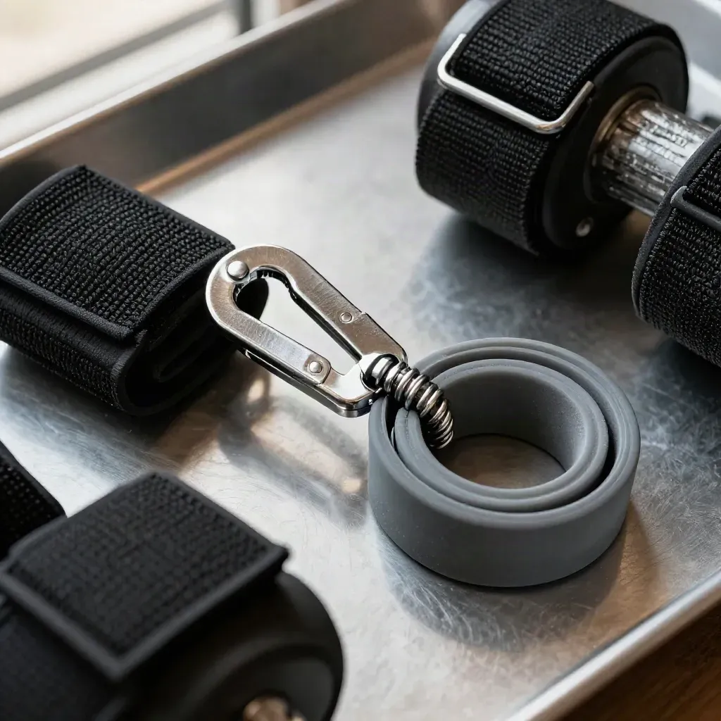 Ankle weights, spring clip and grey resistance loop on brushed metal in macro top-down light.