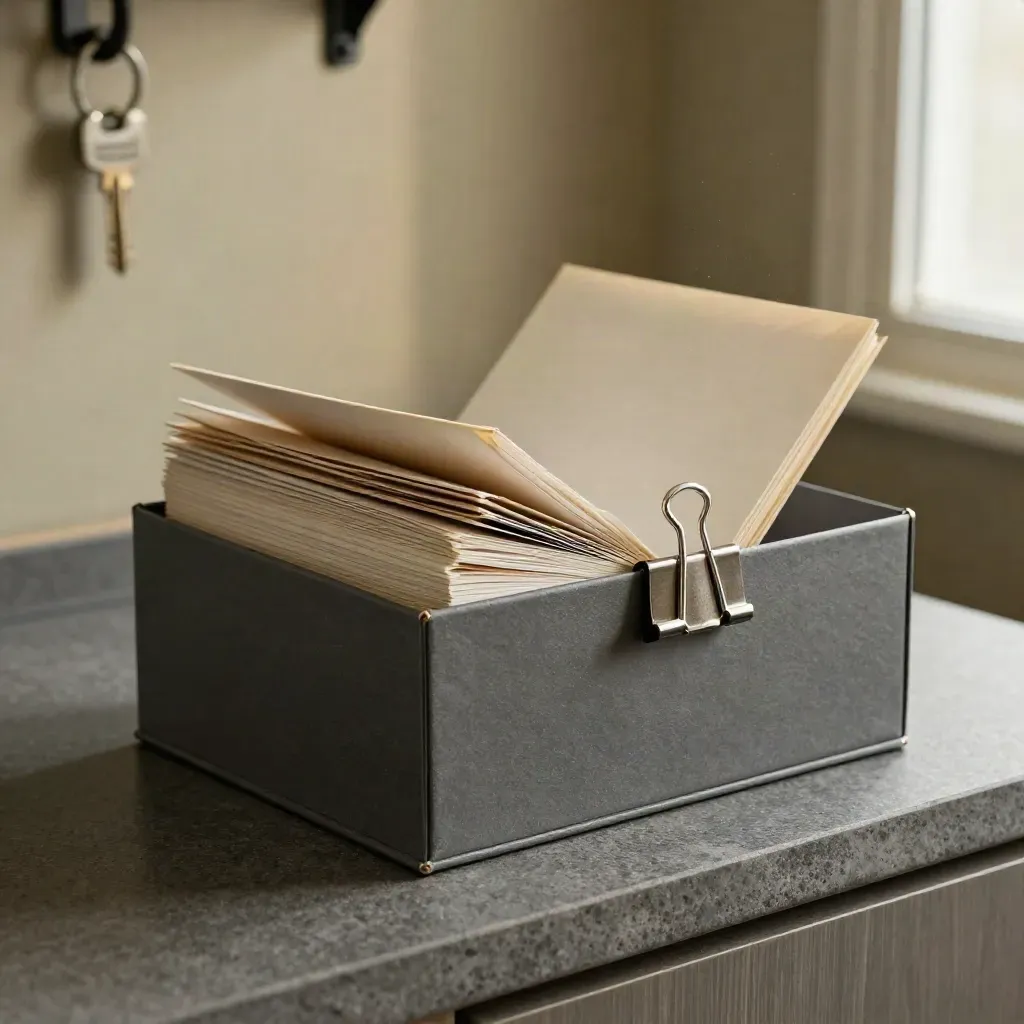 Archive card box with divider tabs and a steel clip on a stone surface