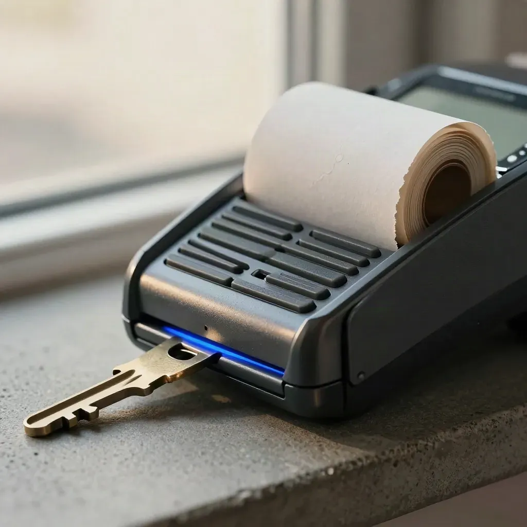 Face-down card reader, receipt roll core and brass till key on concrete