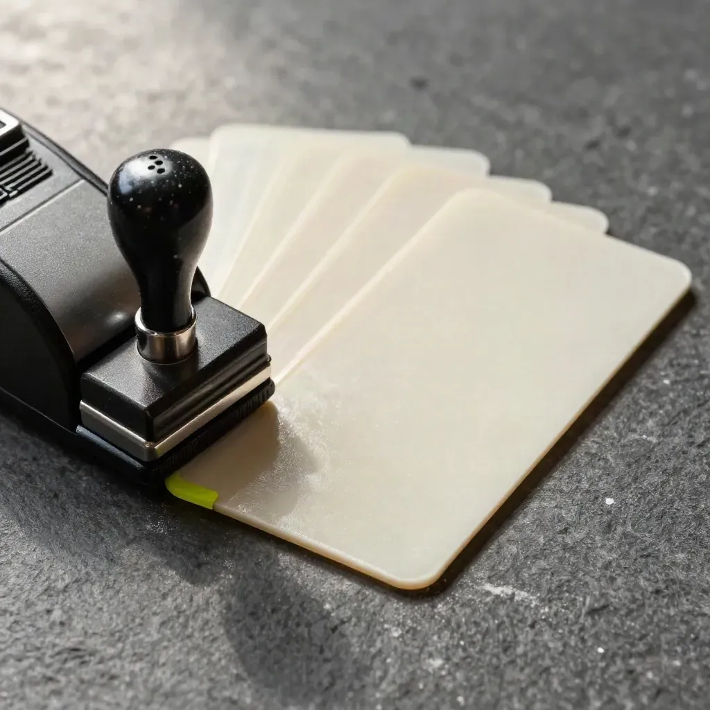 Top-down macro of a tally counter, blank fobs and a rubber stamp block on stone.