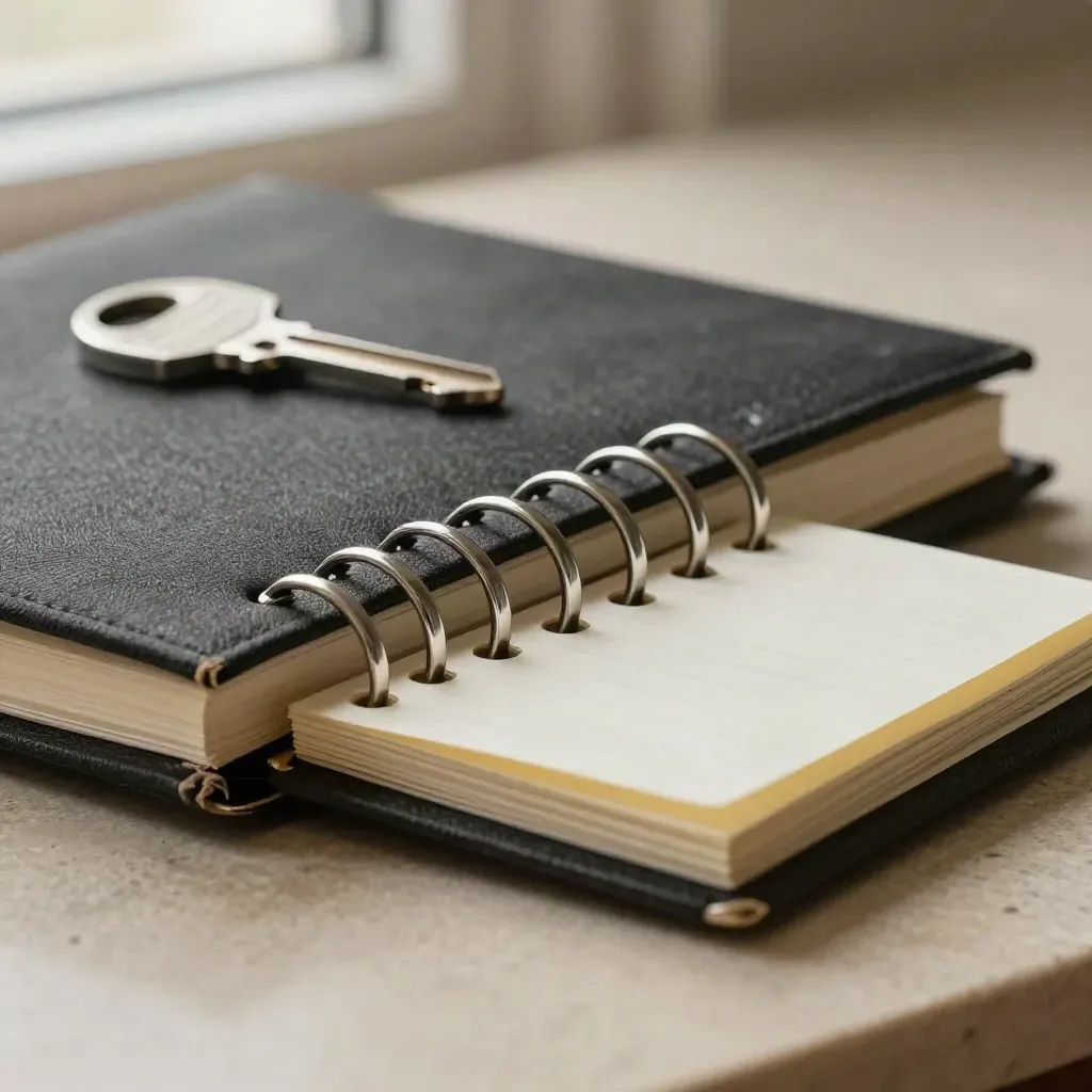 Closed ring notebook, paper clips, and tabbed index-card sleeve on limestone.