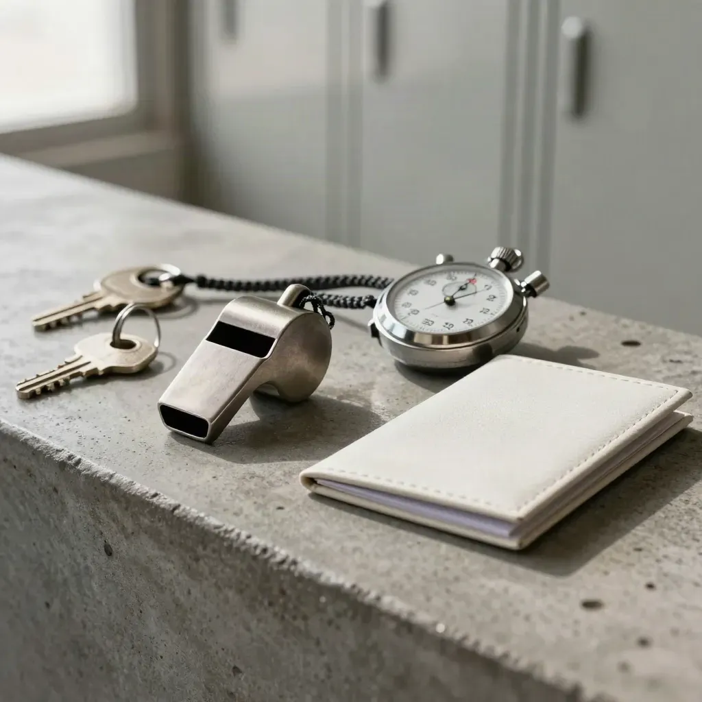 Macro still life of whistle, stopwatch and blank session-card case on concrete.