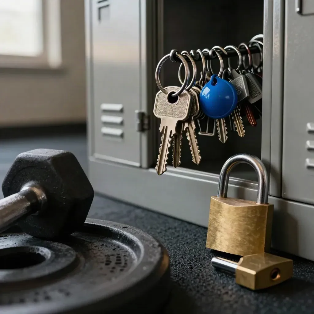 Keys, locker fobs and padlocks beside a dumbbell plate in a moody gym studio still life.