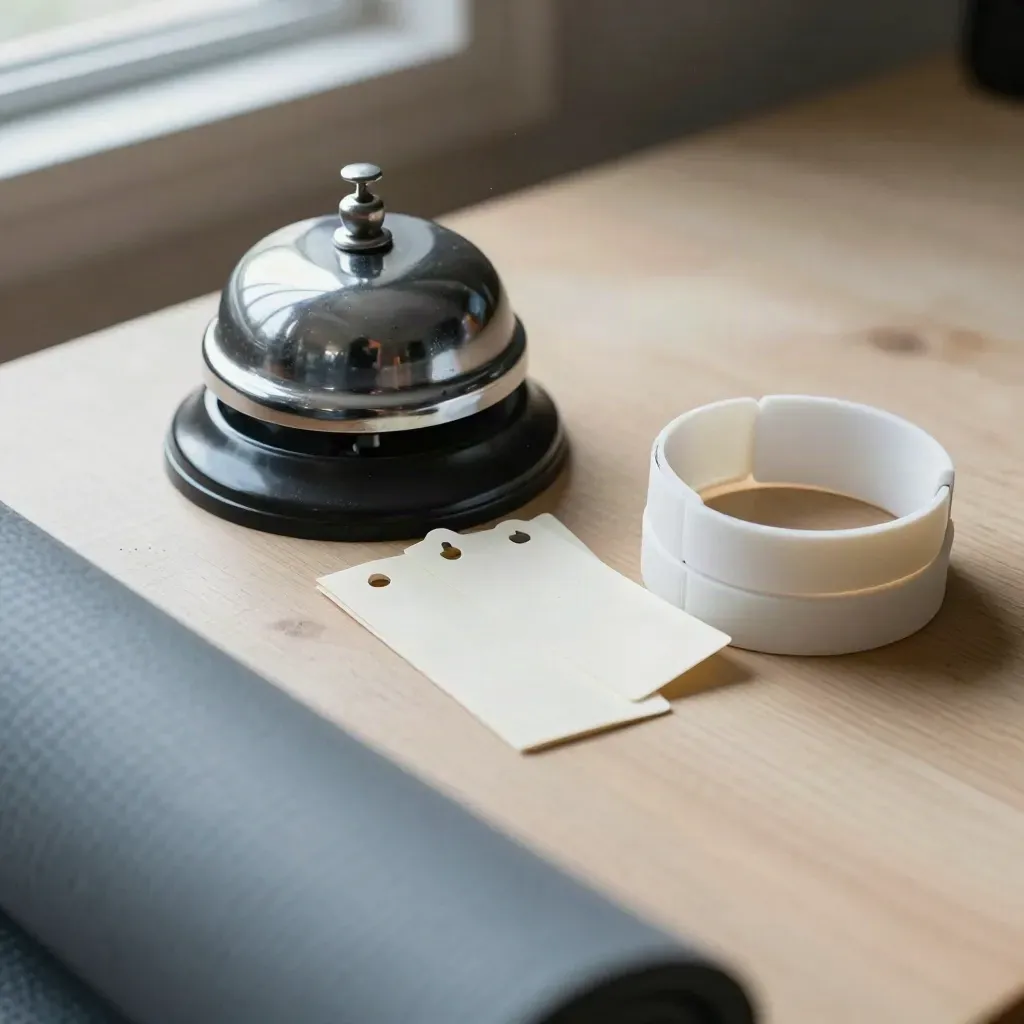 Desk bell, cubby tags, and wristbands on pale wood with a blurred yoga mat foreground.