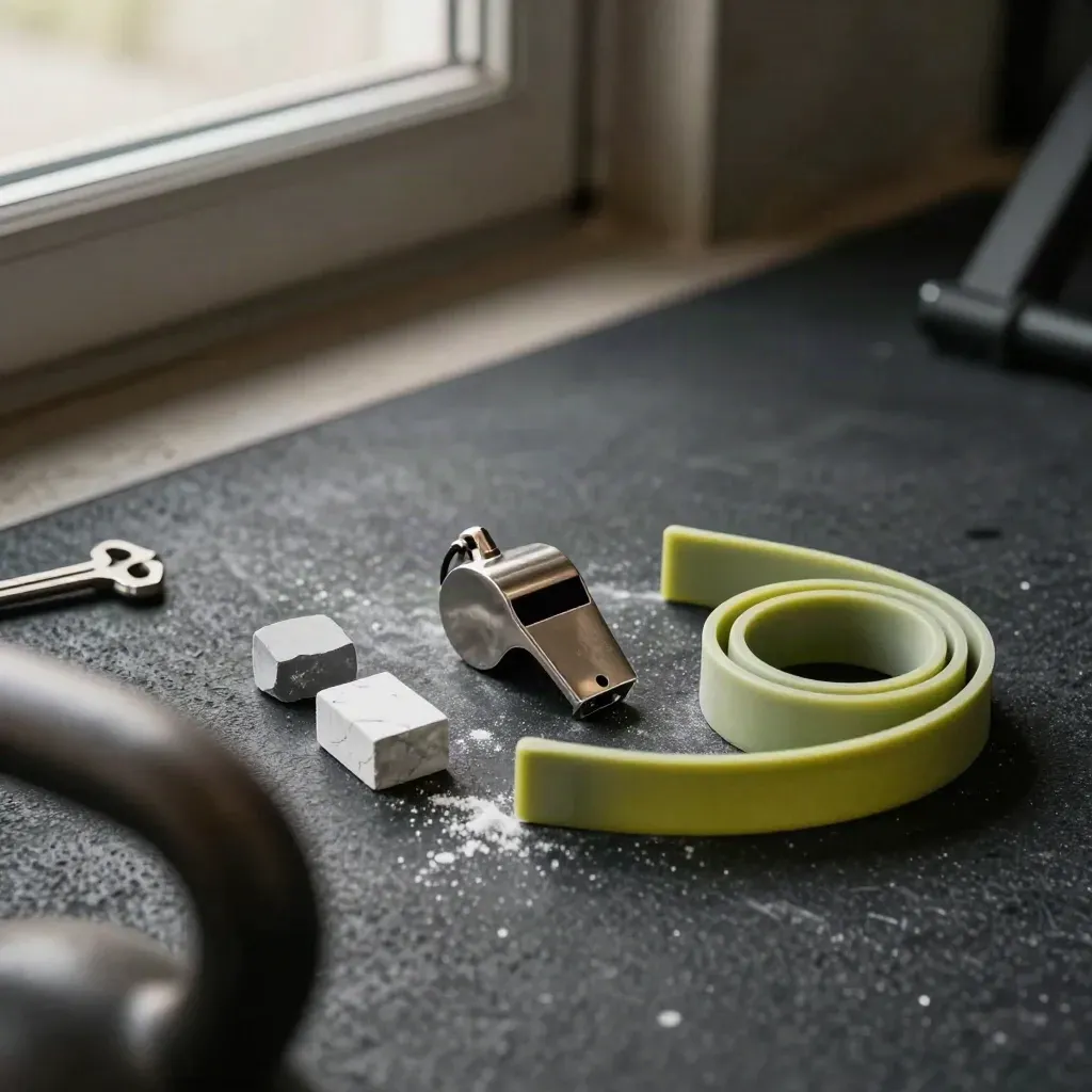 Coach’s kit still life with whistle, timer, chalk and resistance band
