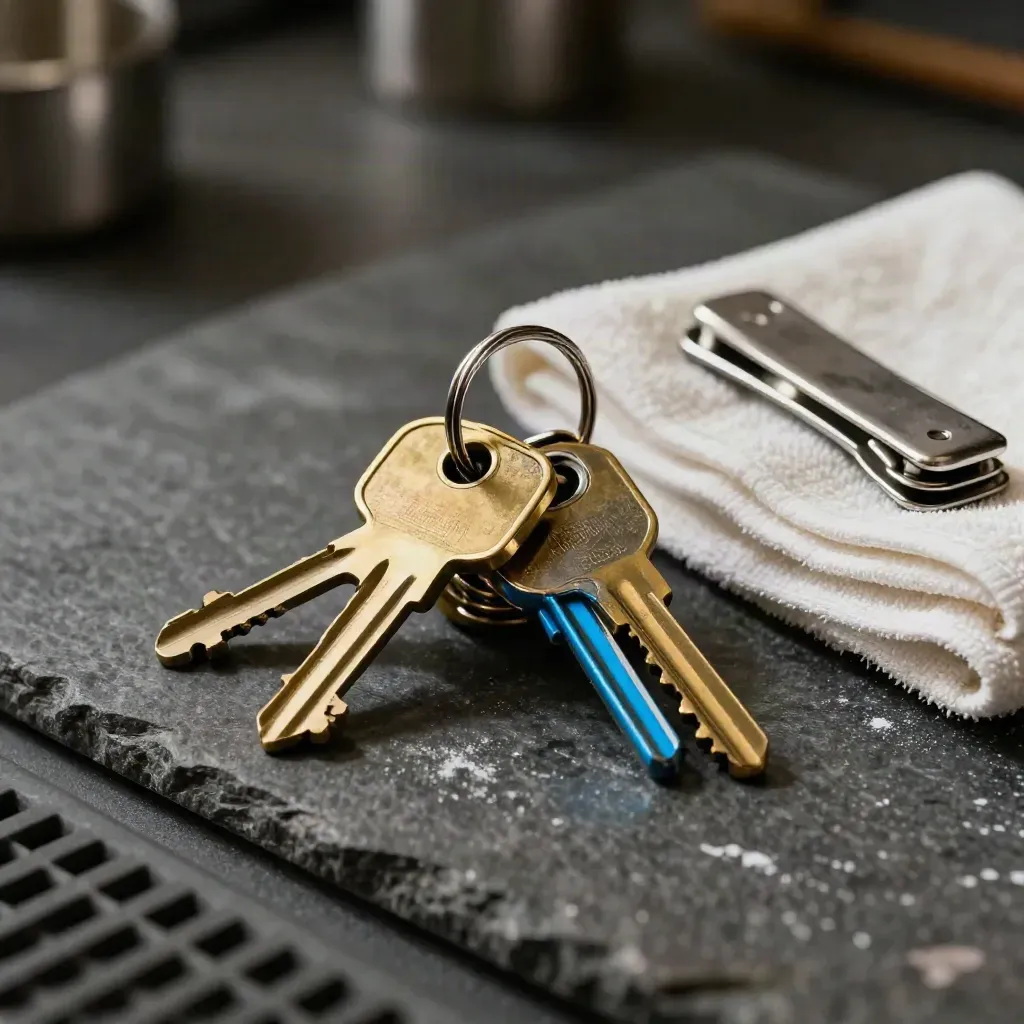 Brass key ring, access fobs, and towel clip on dark stone with dramatic studio light.