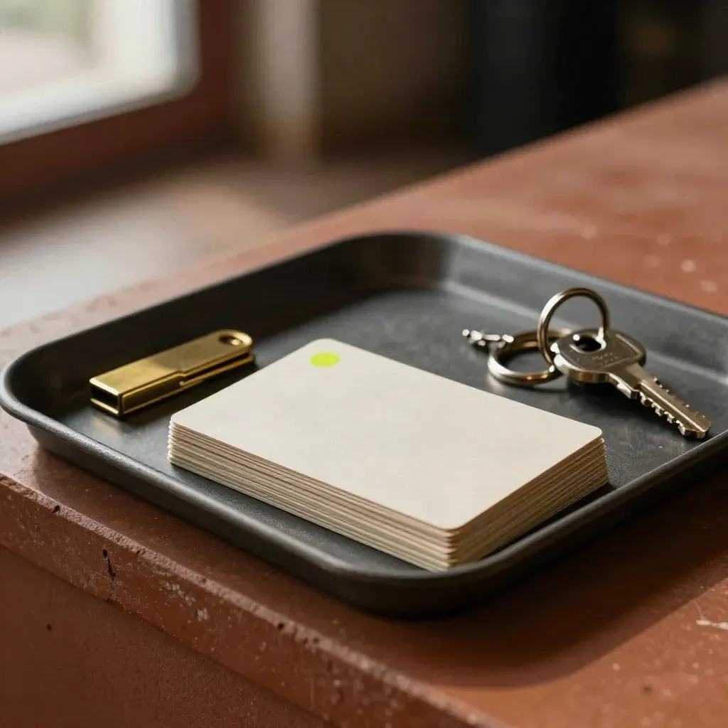 Blank membership cards, brass clip and punched fobs stacked on a terracotta ledge in moody light.