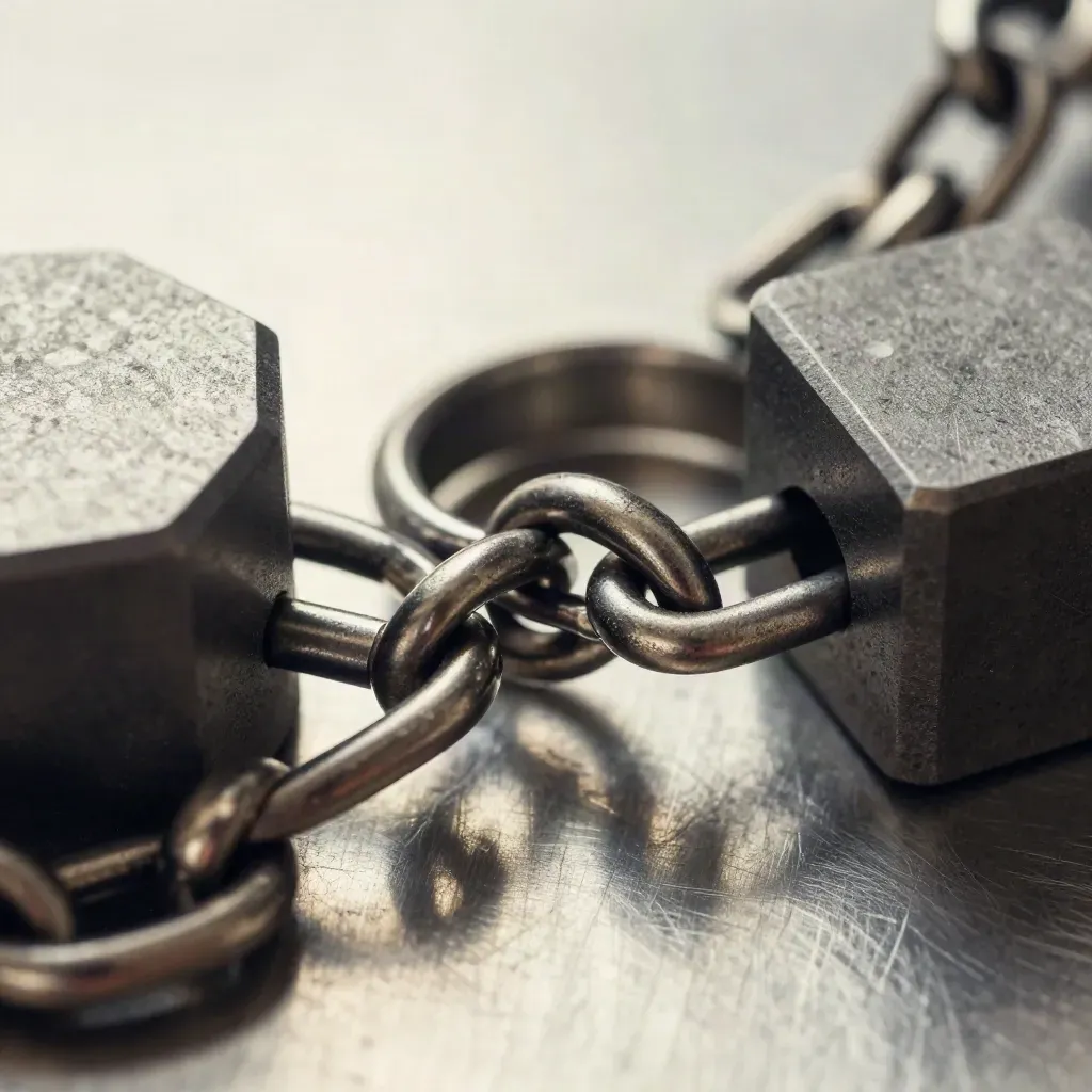 Overhead macro of interlocking metal rings and graphite blocks on brushed steel.