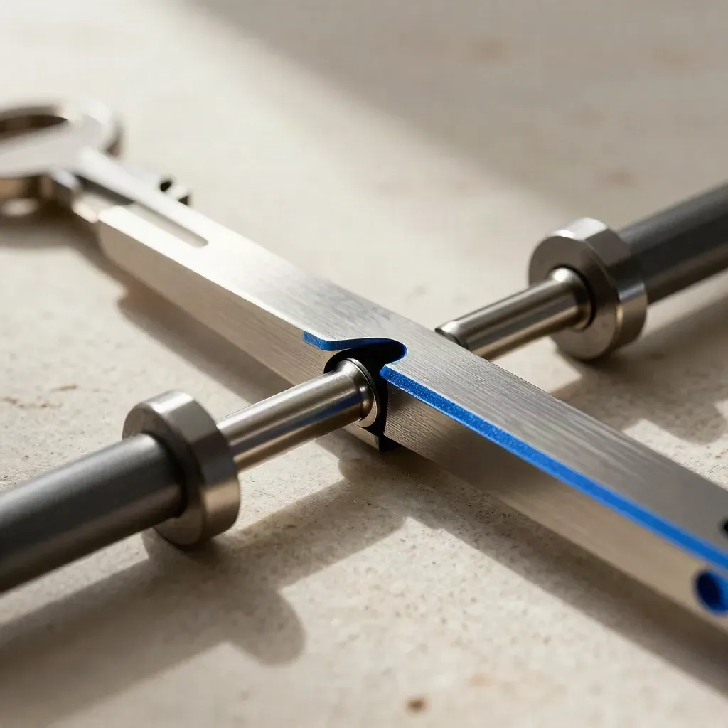 Extreme macro of precision couplings and a bridge piece on pale stone, with a slim electric-blue accent.