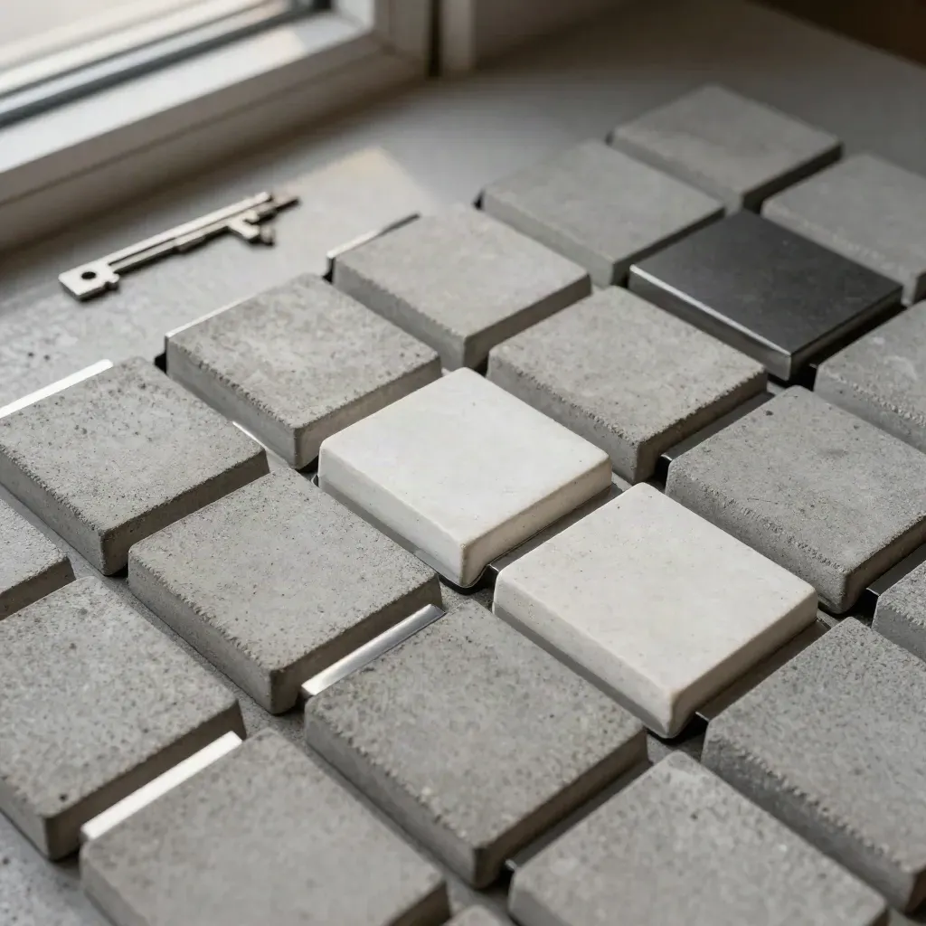 Top-down macro of graphite blocks and magnetic spacers arranged on concrete.