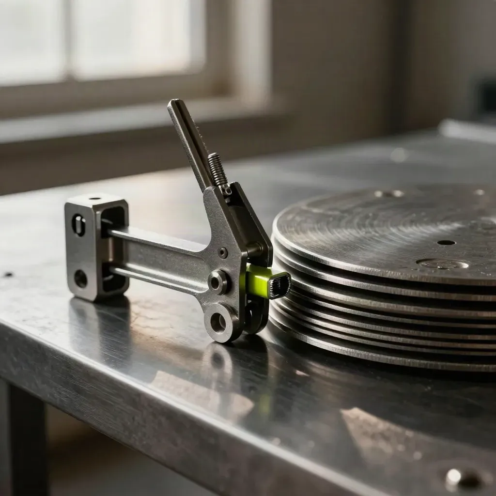 Brushed metal connector brackets and clamp locking together with a lime accent.