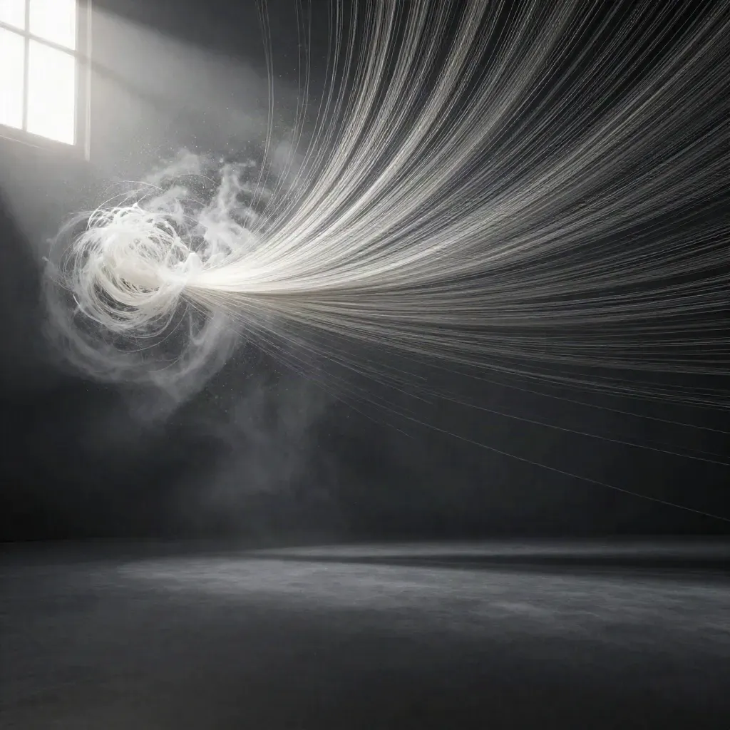 Silver light filaments converge into a white bloom in dark graphite space.